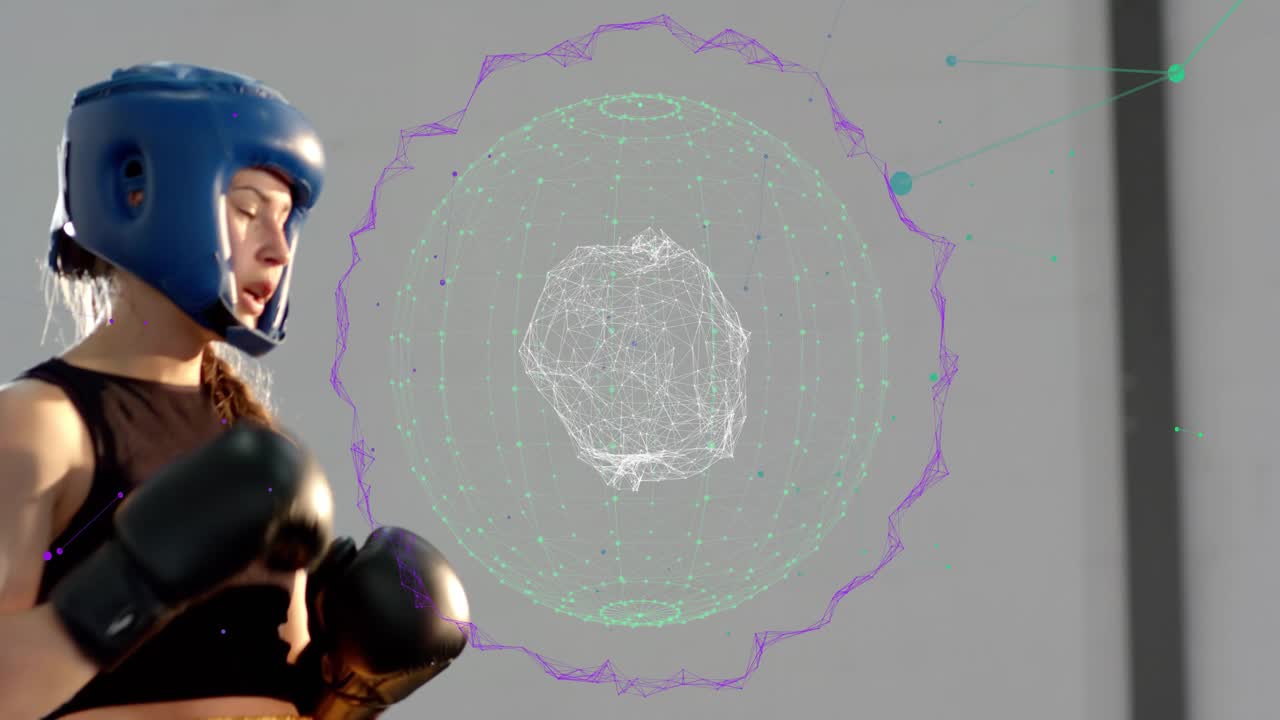 Two boxers sparring, right stepping, throwing jabs; left blocking, with digital orb overlaying ring