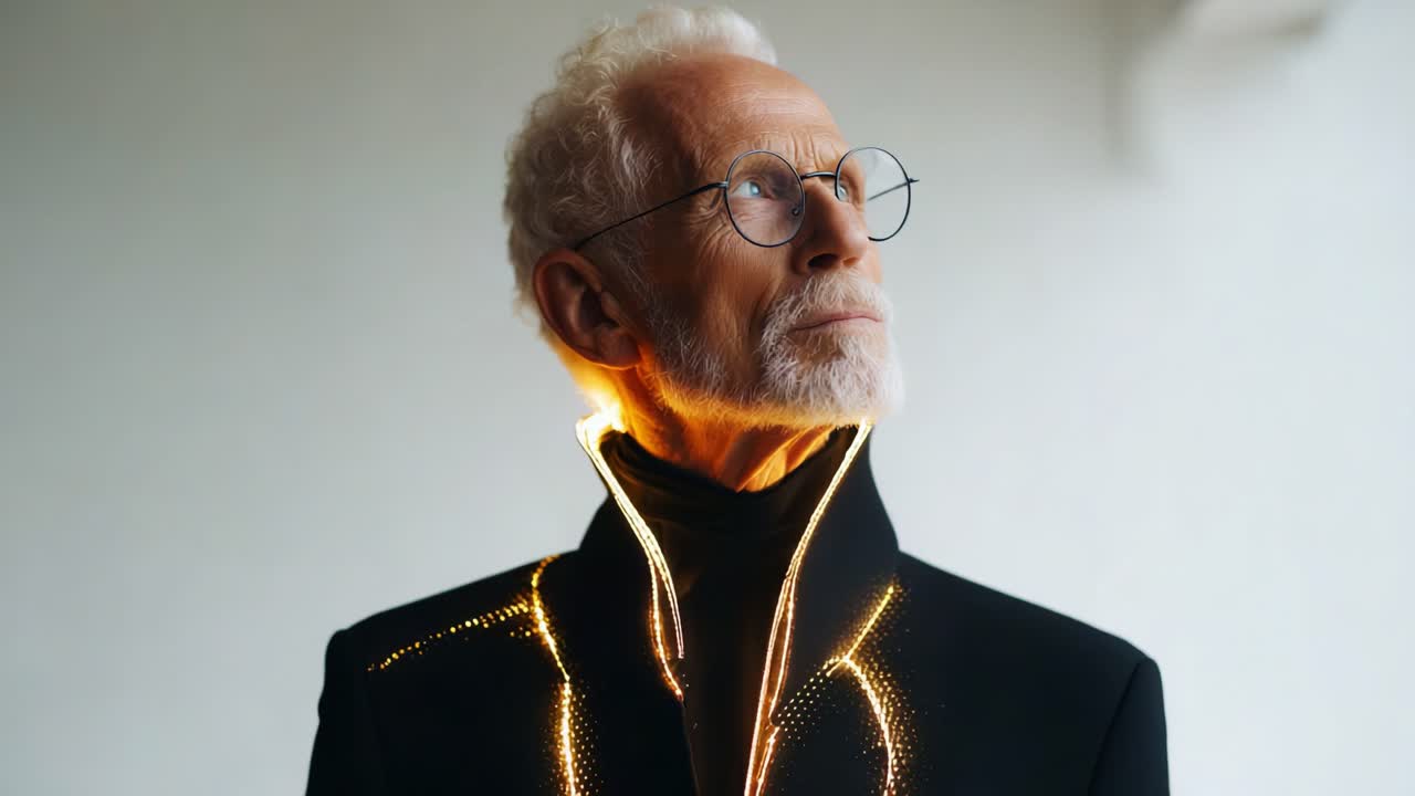 A distinguished elder exudes sophistication and grace, highlighted by an illuminated collar that adds a modern touch to classical elegance, showcasing unique style and poise