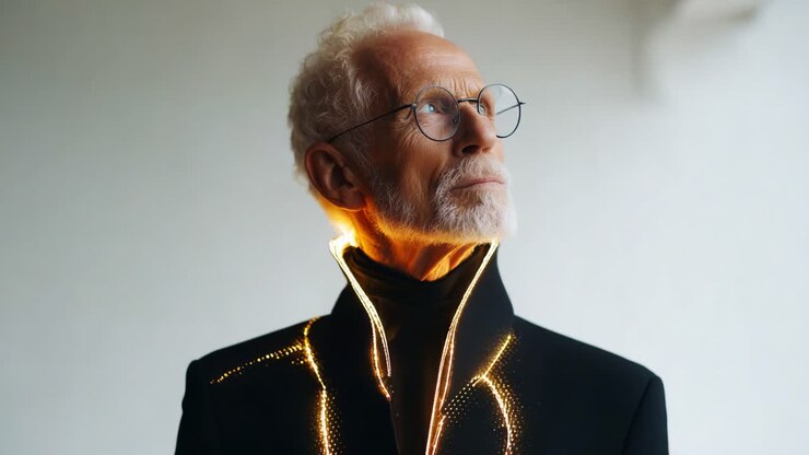 Un distinto signore anziano emana raffinatezza ed eleganza, evidenziate da un colletto illuminato che aggiunge un tocco moderno all'eleganza classica, mettendo in mostra uno stile e un portamento unici.