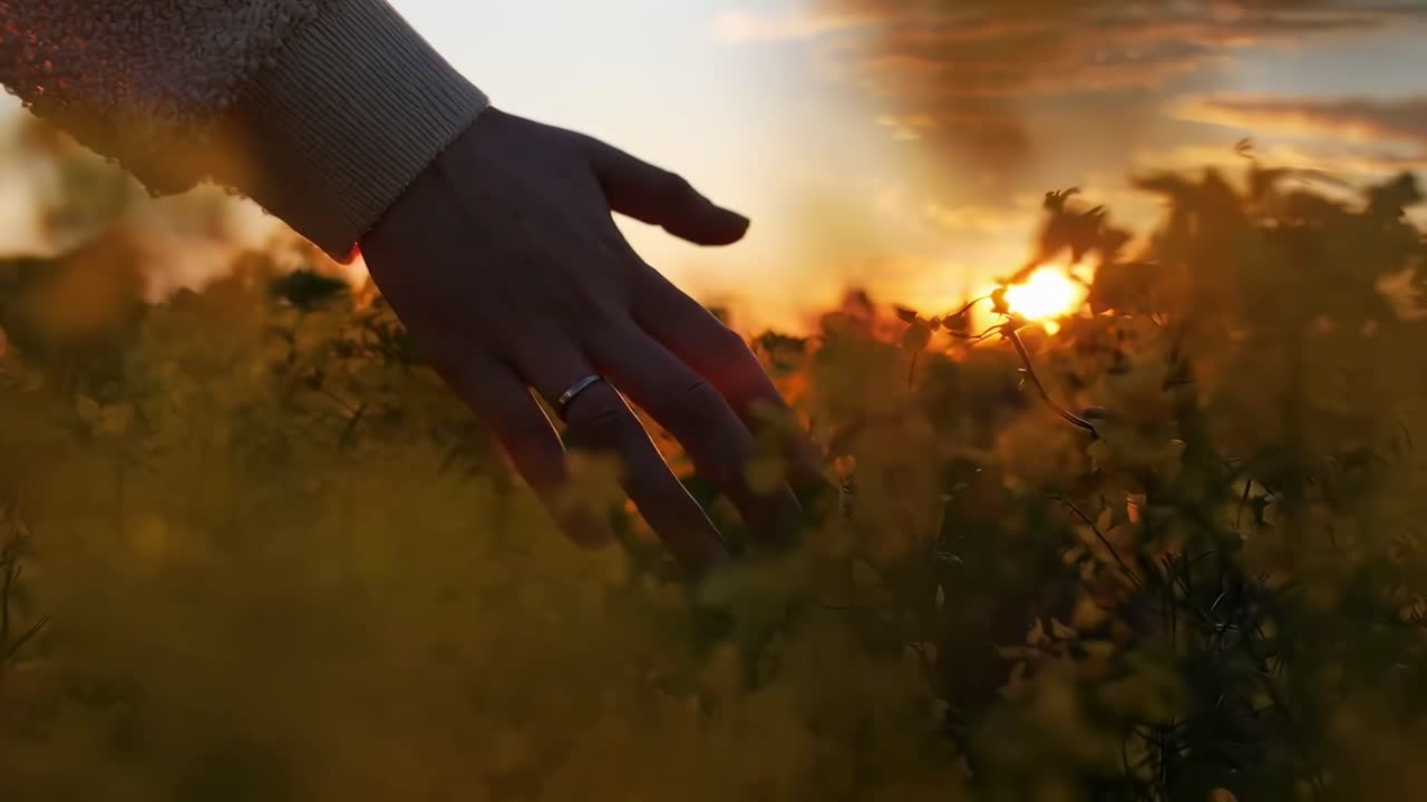Video in primo piano di una mano che tocca fiori al tramonto, catturando un'atmosfera serena e calda