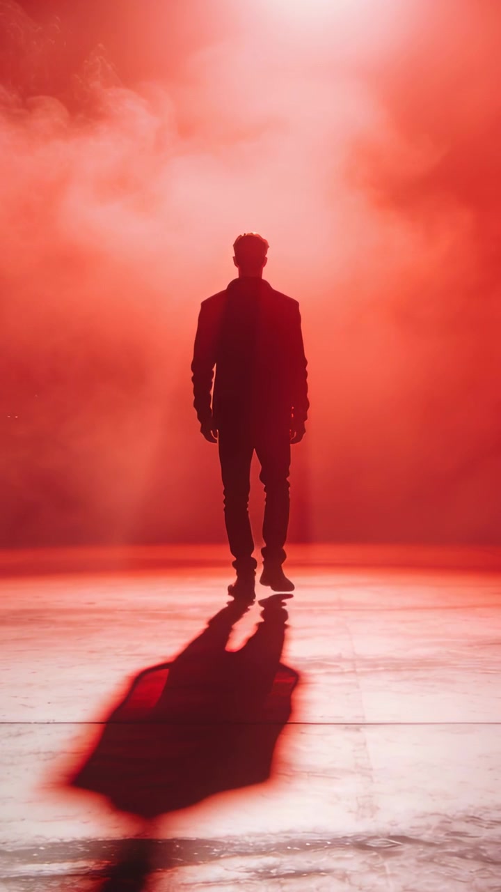 Video vertical: Hombre con abrigo caminando hacia la cámara en el escenario a la señal, contraluz y niebla proyectando sombra.