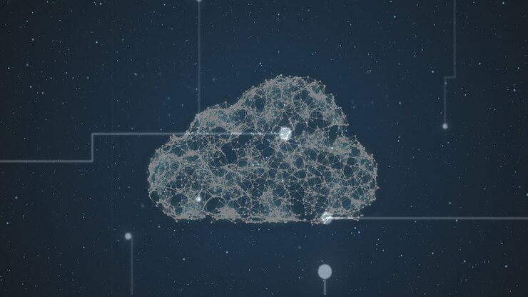 Cloud icon of network of connections against light trails against blue background