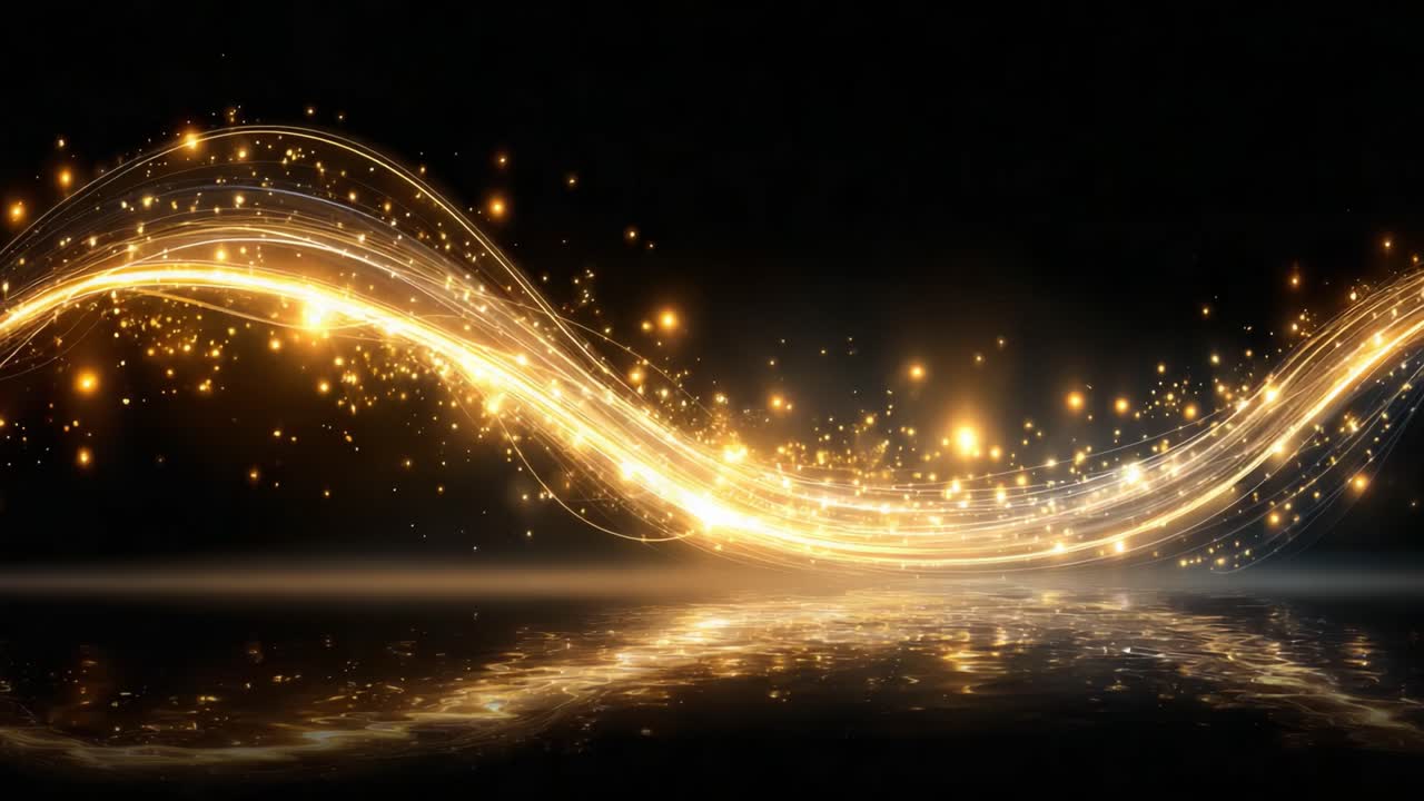 Un'affascinante sequenza di onde di luce radiosa con scintillanti scintille che si riflettono su una superficie scura, catturando un avvincente gioco di luminosità e flusso