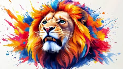 vibrant lion head with colorful splashes. a fierce lion with a bright mane stands out against a backdrop of colorful splashes, showcasing its power and beauty.