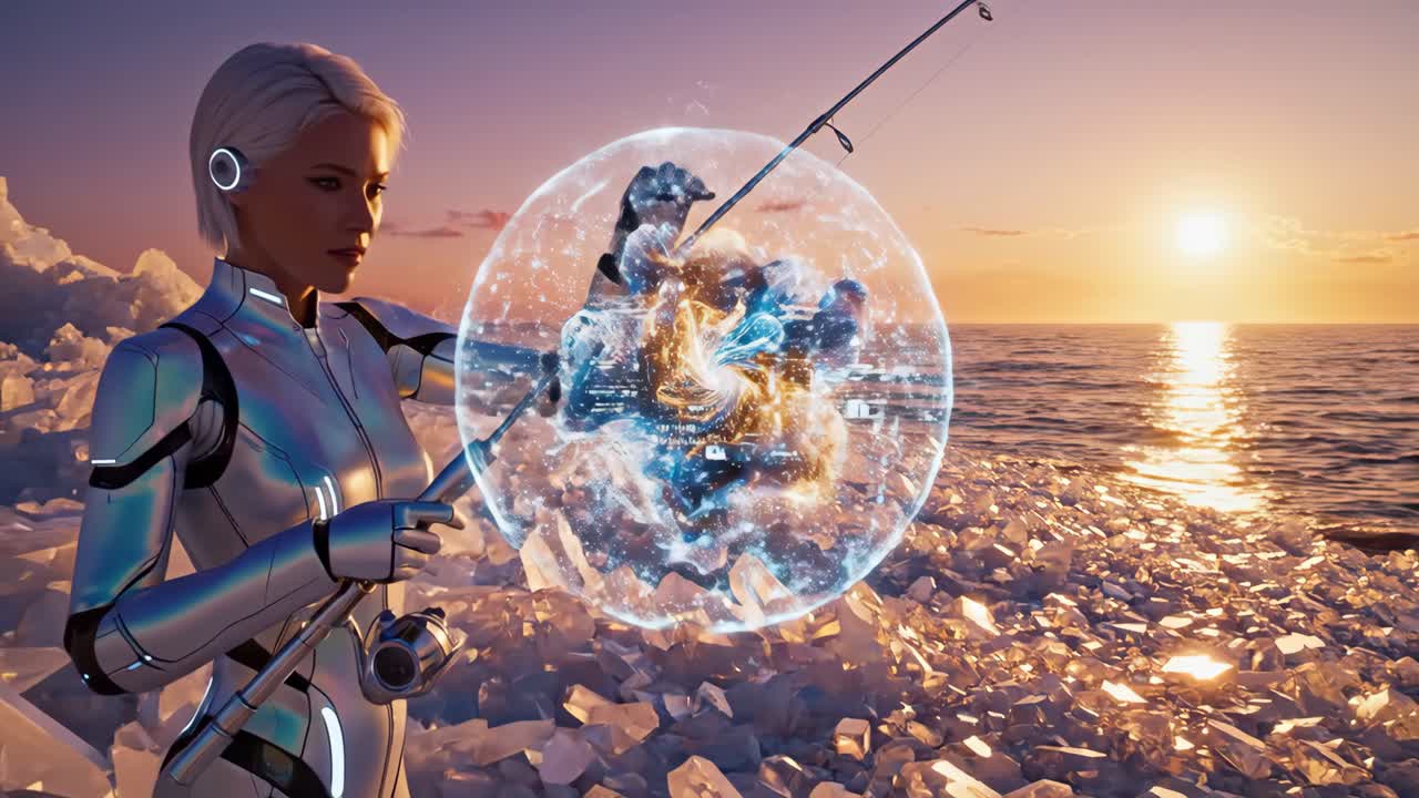 Cyborg fishing on the beach