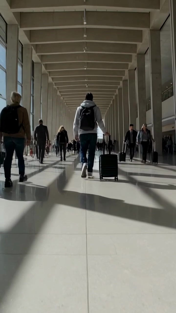 Vertical video: Cam tracking man wearing hoodie pack walking hall pulling black case to exit light