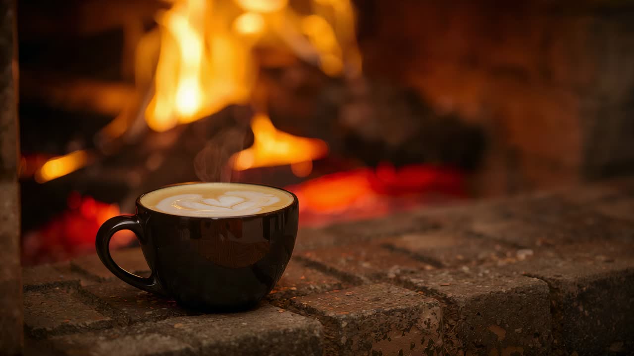 Sitting dark ceramic mug with latte art on brick hearth, reflecting burning logs' flickering flames