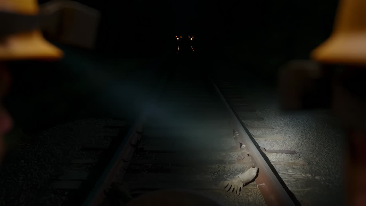 Train Tracks at Night with Distant Lights