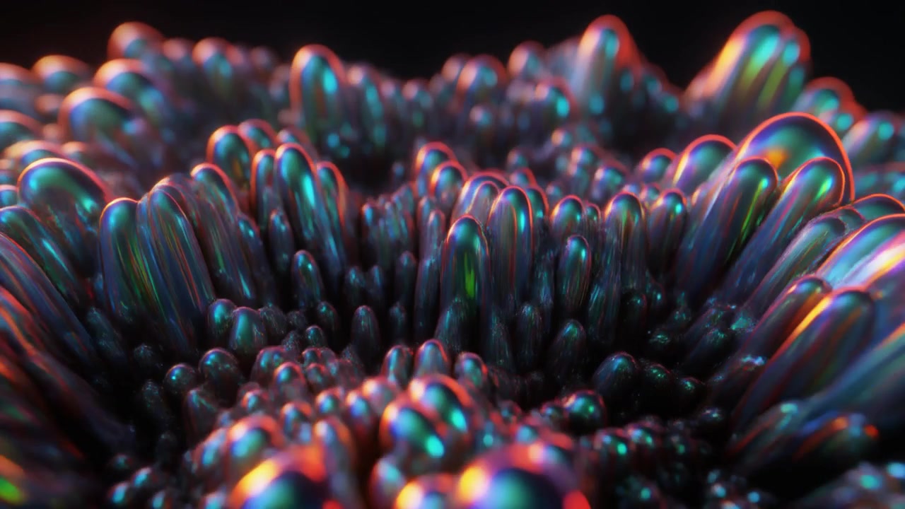 Abstrakt 3D-animation af iriserende metalliske organiske former.