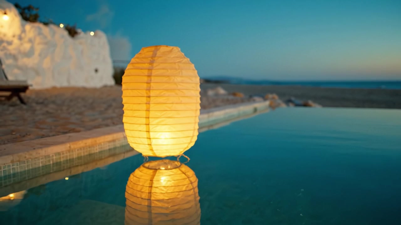 Una serata serena in spiaggia, che mostra una lanterna luminosa in riva all'acqua, creando un'atmosfera tranquilla e una connessione pacifica con la natura.