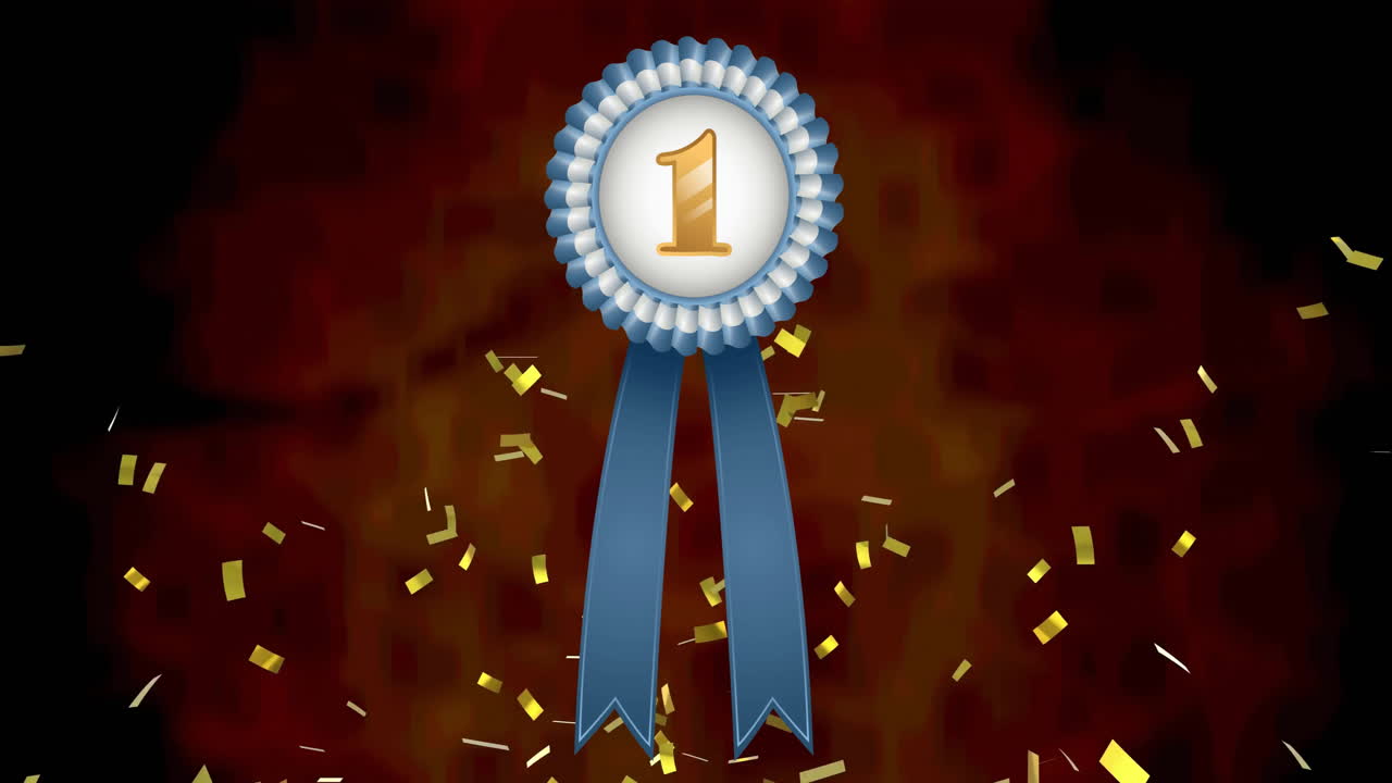 Animation of confetti falling over medal on black background