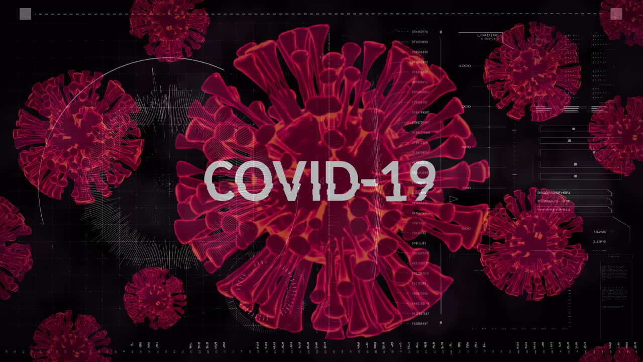 animación del procesamiento de datos sobre células de virus y texto de covid-19