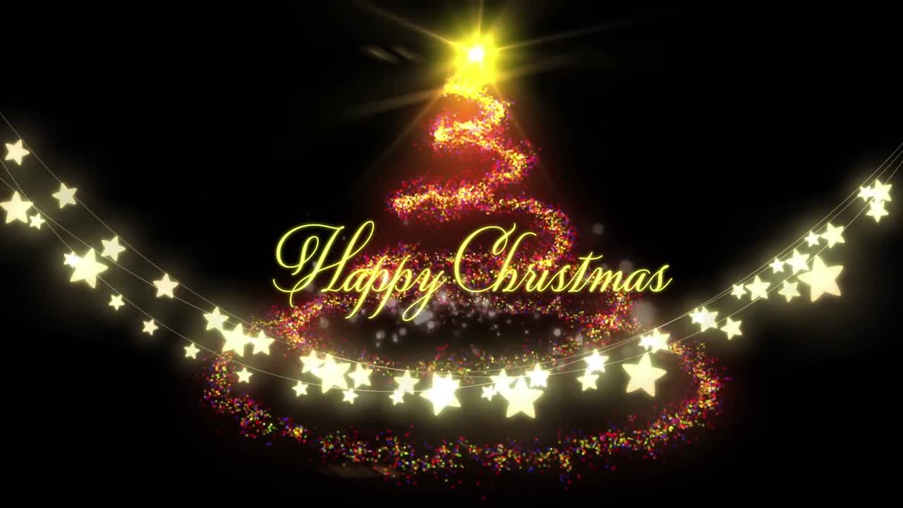 크리스마스 트리와 빛나는 요정 불빛의 줄과 함께 행복한 크리스마스 텍스트의 애니메이션