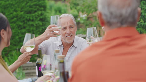 Eine-Gruppe-Reifer-Freunde-Unterhält-Sich-Und-Stößt-Mit-Wein-Auf-Einer-Sommerparty-Im-Heimischen-Garten-An