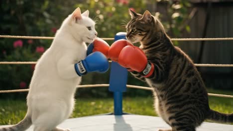 cats engage in a playful boxing match in a sunny backyard with colorful flowers and a playful atmosphere
