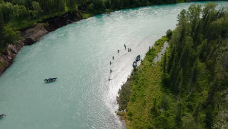 aerial drone tilt up of group of sockeye and king salmon fisherman wading in alaskan riverbank