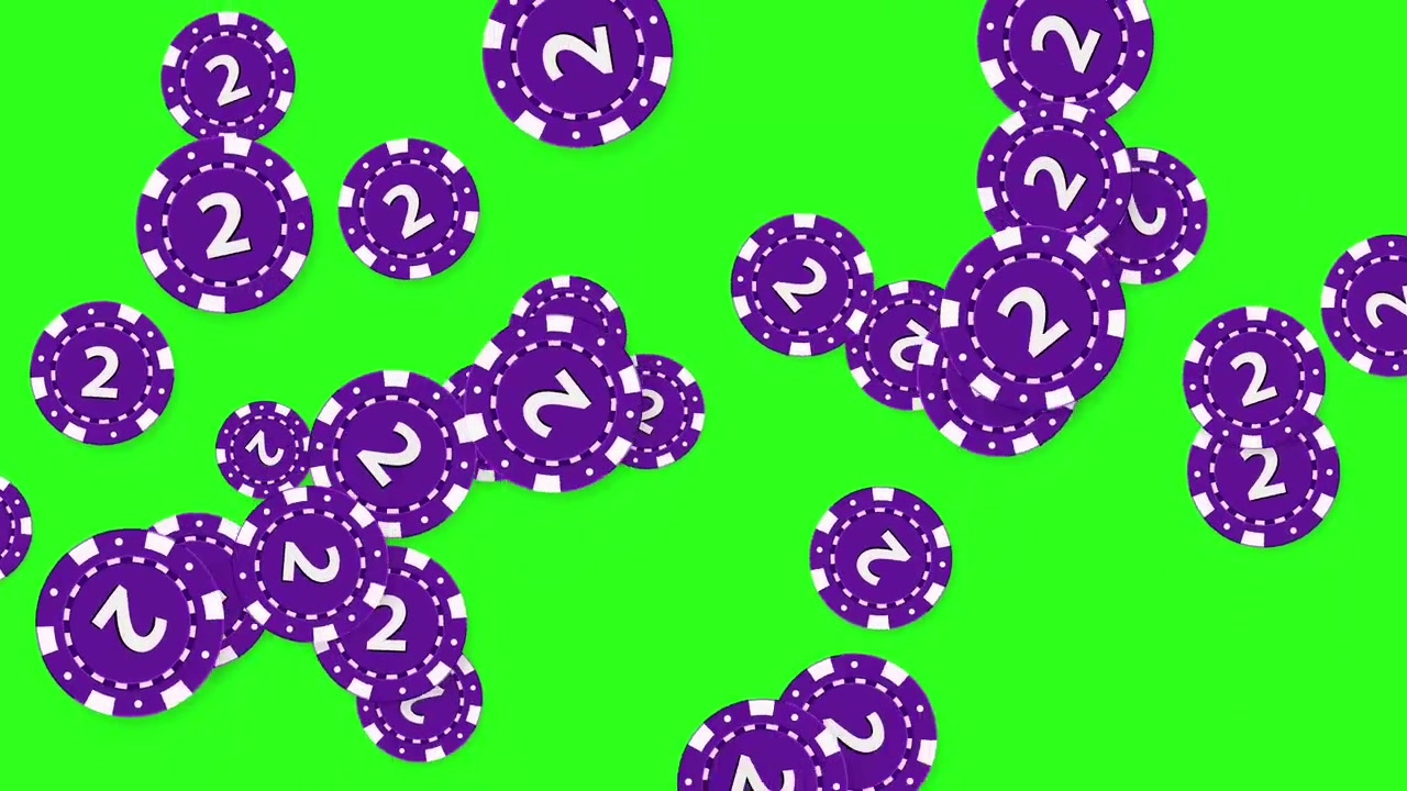 Animated purple casino chips fall and bounce across a green screen for easy compositing.