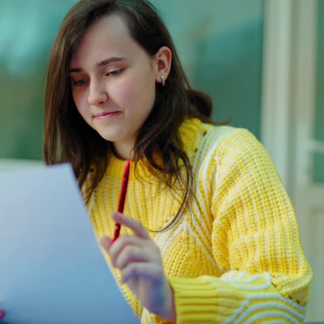 girl student is reading. portrait of female teenager sitting and checking her work in the classroom. smart schoolgirl studying.