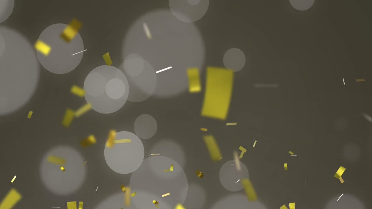 Animation of gold christmas confetti falling with spots of light on grey background
