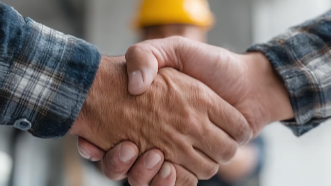 A Confident Handshake Represents Trust and Agreement Between Two Individuals in a Professional Setting with Background Activity Indicating Collaboration