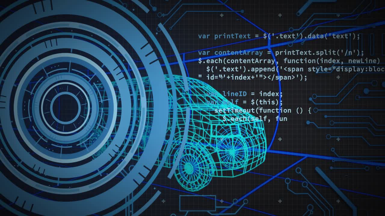 Interfaz circular brillante que rota y activa la escritura de código en un coche de estructura alámbrica demostrando integración.