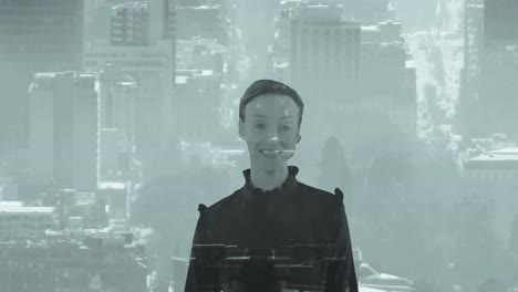 animación del paisaje urbano en movimiento sobre mujer de negocios caucásica casual