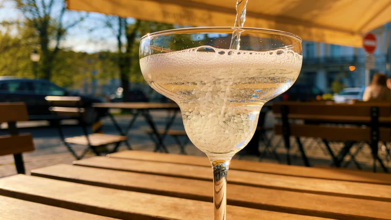 Vertiendo de la botella de la derecha, una persona llena una copa coupe en la terraza de un café, sirviendo a un cliente.