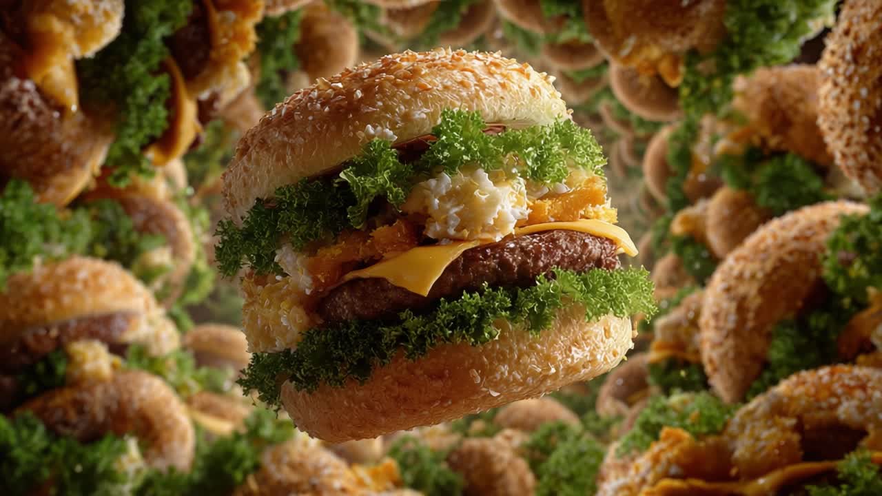 A Captivating Glimpse into a Deliciously Layered Burger Surrounded by an Enchanting Array of Floating Burgers in a Whimsical Visual Feast