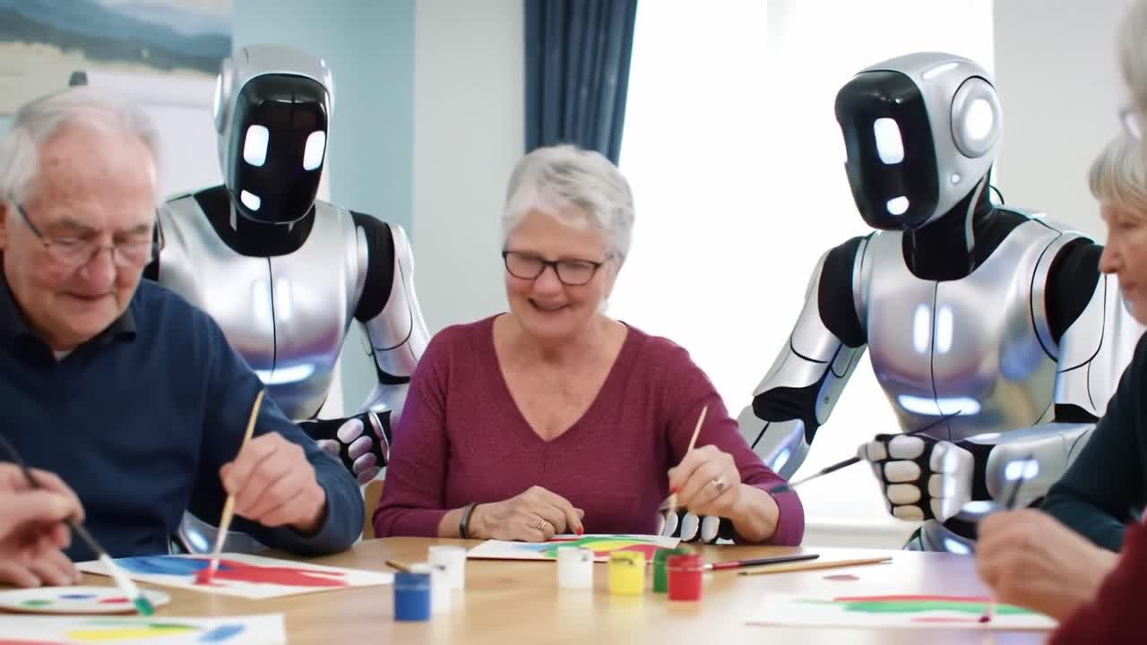 Engaging Creativity: Seniors Participating in Art Therapy Alongside Robots in a Vibrant Group Setting, Showcasing Delightful Interactions and Imaginative Expression