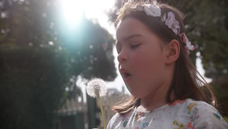 niña sopla dandeline con flores en el cabello 1000 fps fantasma