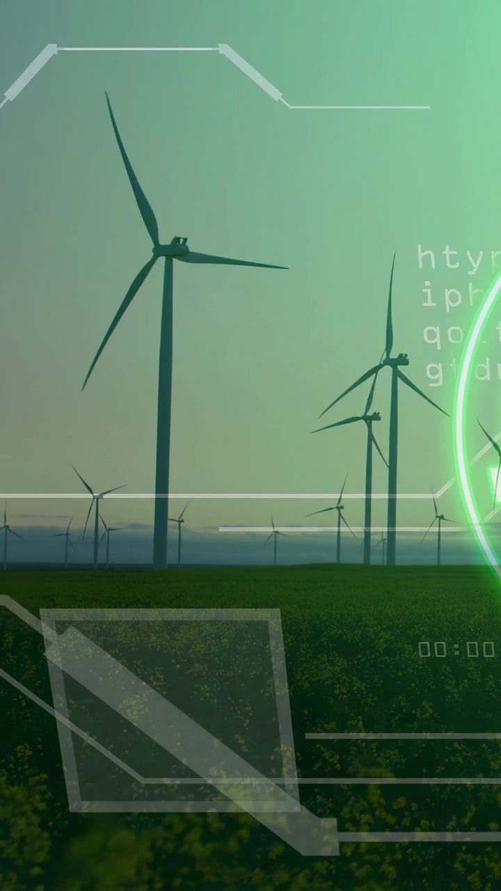 Video verticale: Turbine eoliche che girano con una leggera brezza, con una sovrapposizione HUD verde che traccia la produzione di energia