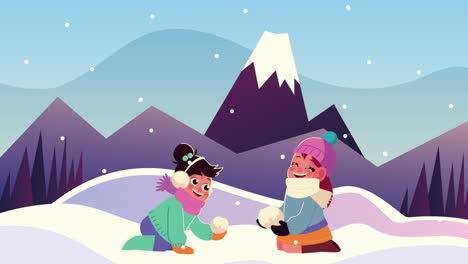 kids couple wearing winter clothes playing with snowball scene