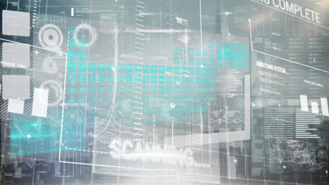 Animation of scopes scanning over data processing over cityscape