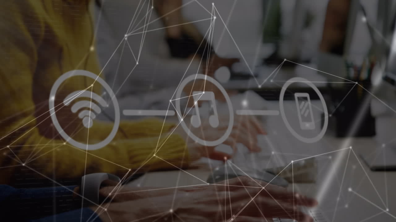 Animation of icons, business people and network of connections