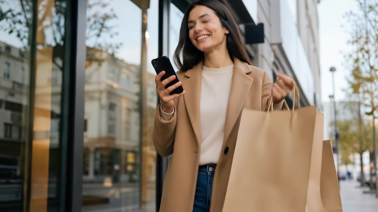 Giovane donna felice che sorride allo smartphone mentre cammina con borse della spesa per strada in città.