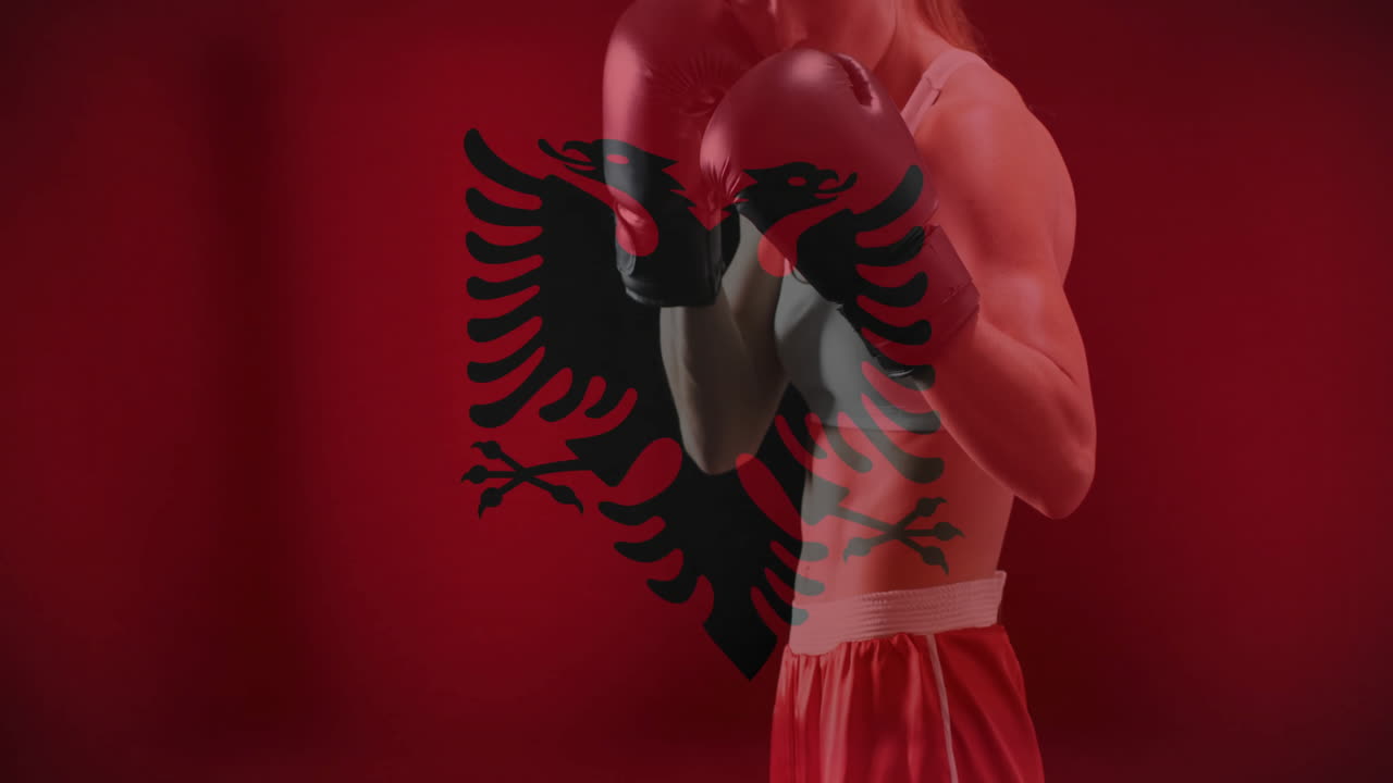 animación de la bandera de albania sobre la boxeadora caucásica