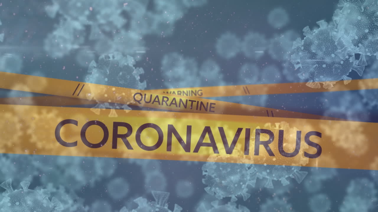 cintas policiales amarillas con textos de concepto de covid-19 contra múltiples células de covid-19 en fondo azul