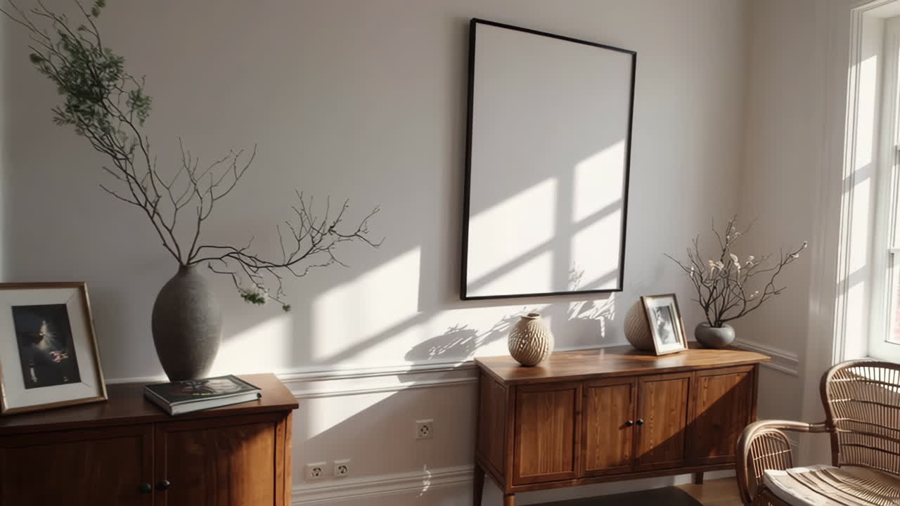 Modern interior with wooden furniture, a rattan chair, and natural light