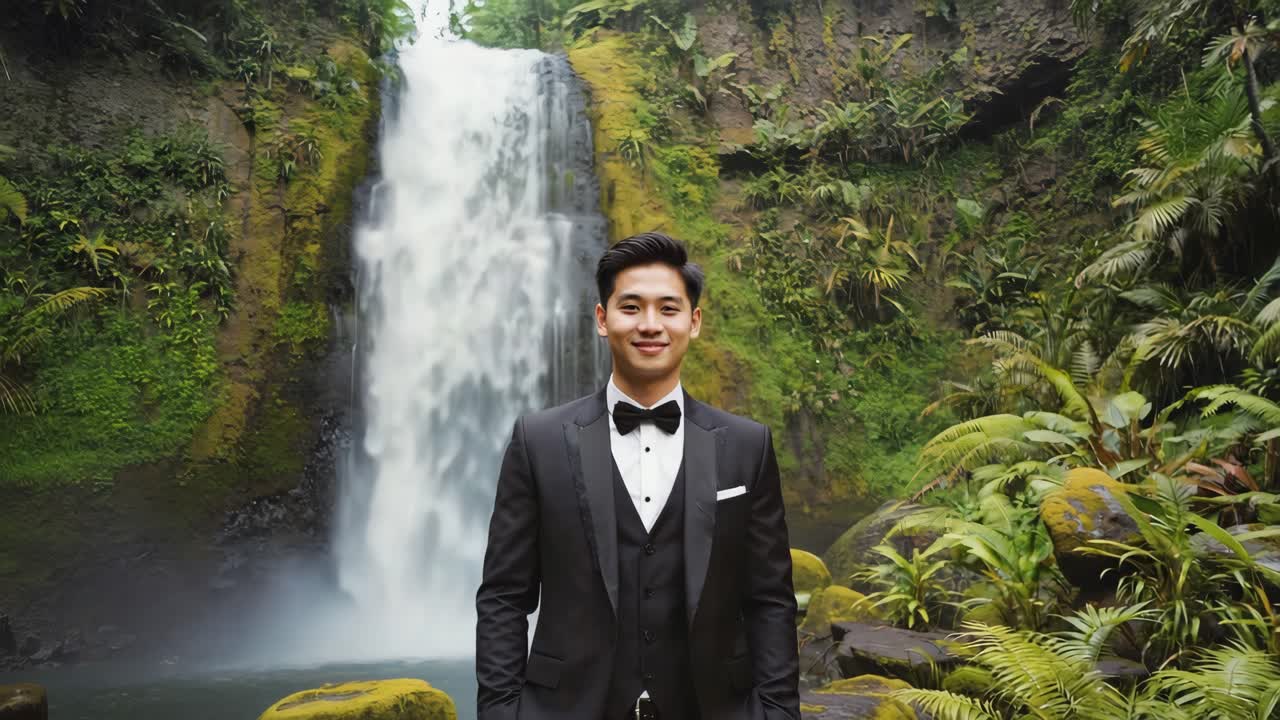 Man in Suit by Waterfall