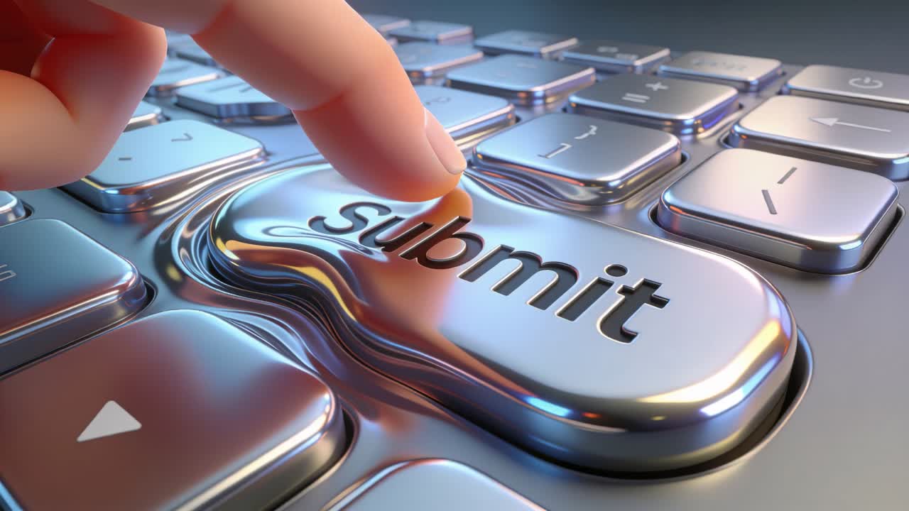 Pressing hovering index fingertip deforming metallic submit key at workstation, submitting form