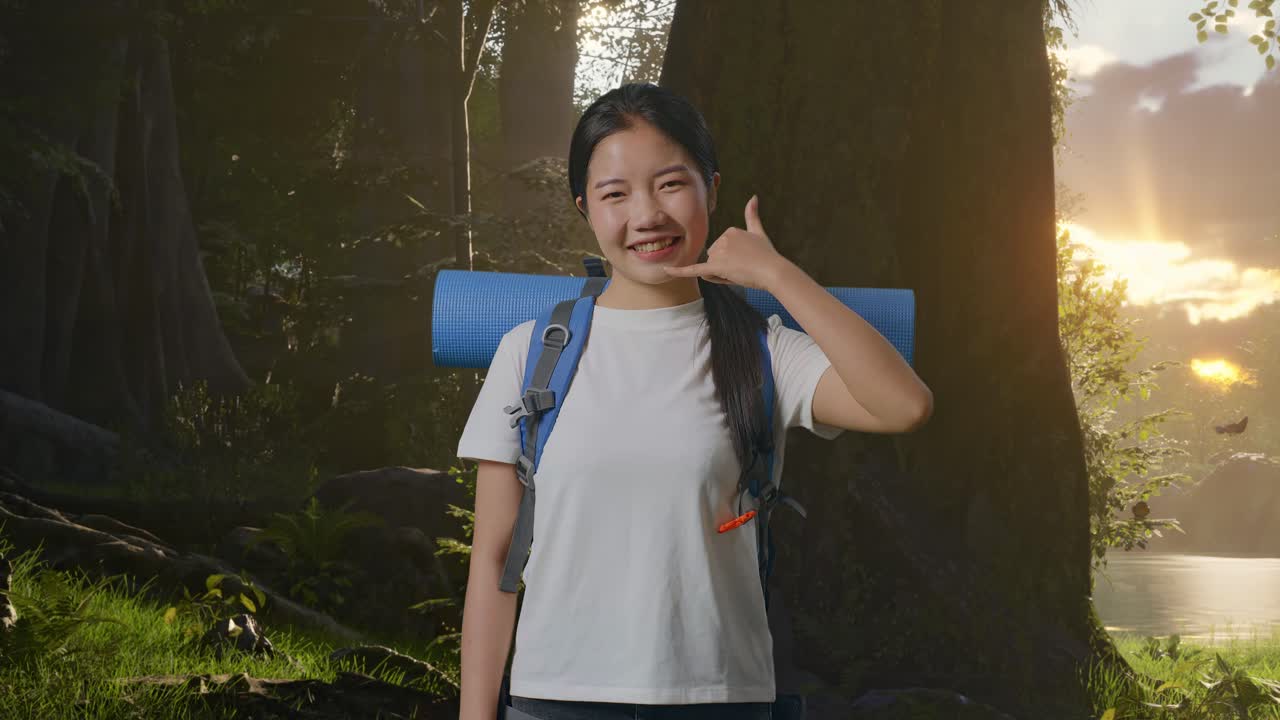 숲에서 하이킹하는 여자 전화 전화 제스처