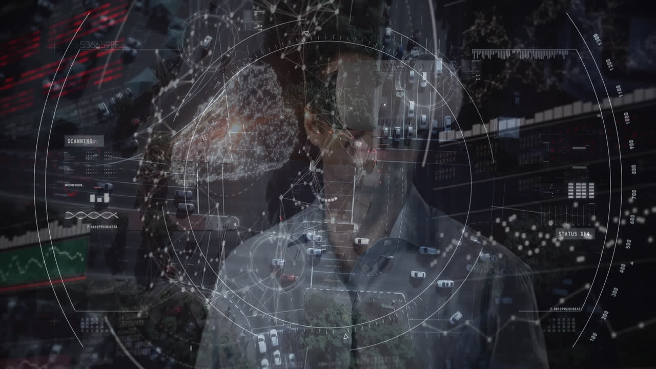 vr 헤드 ⁇ 을 착용한 사업가에 대한 금융 데이터 처리 애니메이션