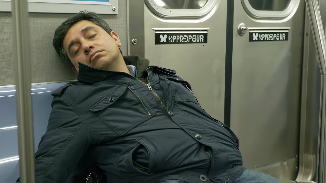 Weary businessman napping during subway ride, resting head against window while navigating urban transit after demanding workday, embodying metropolitan workforce fatigue