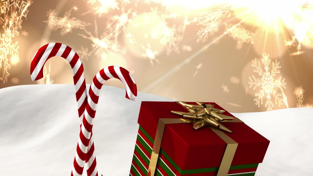 animación digital de copos de nieve cayendo sobre la caña de caramelo de navidad