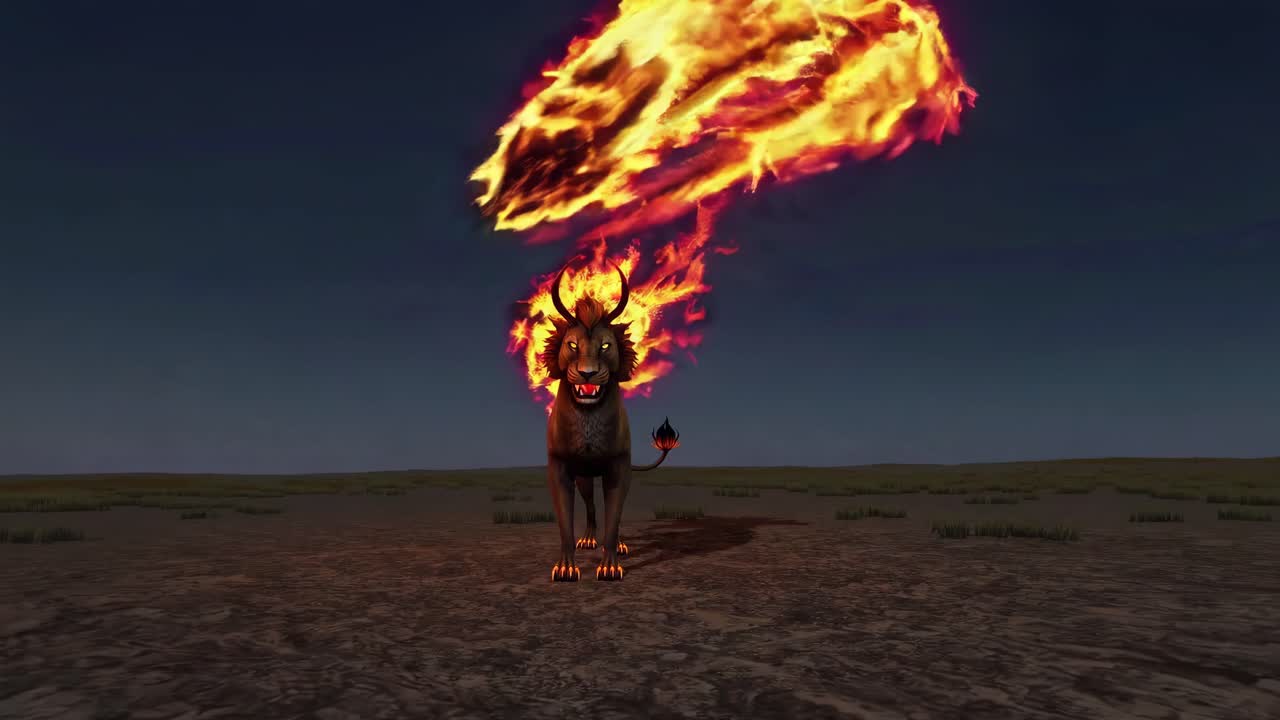 Fiery Lion Demon in the Desert at Night
