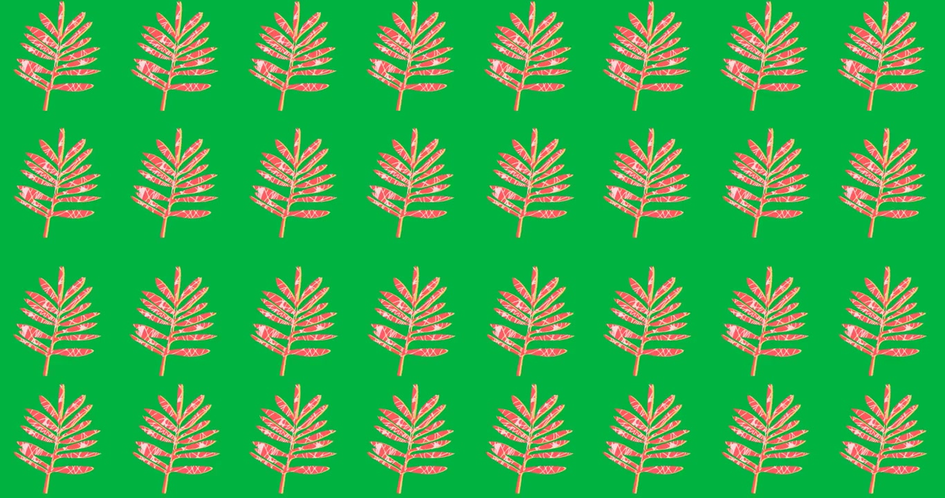 Digital animation of branch with red leaves icons in seamless pattern against black background