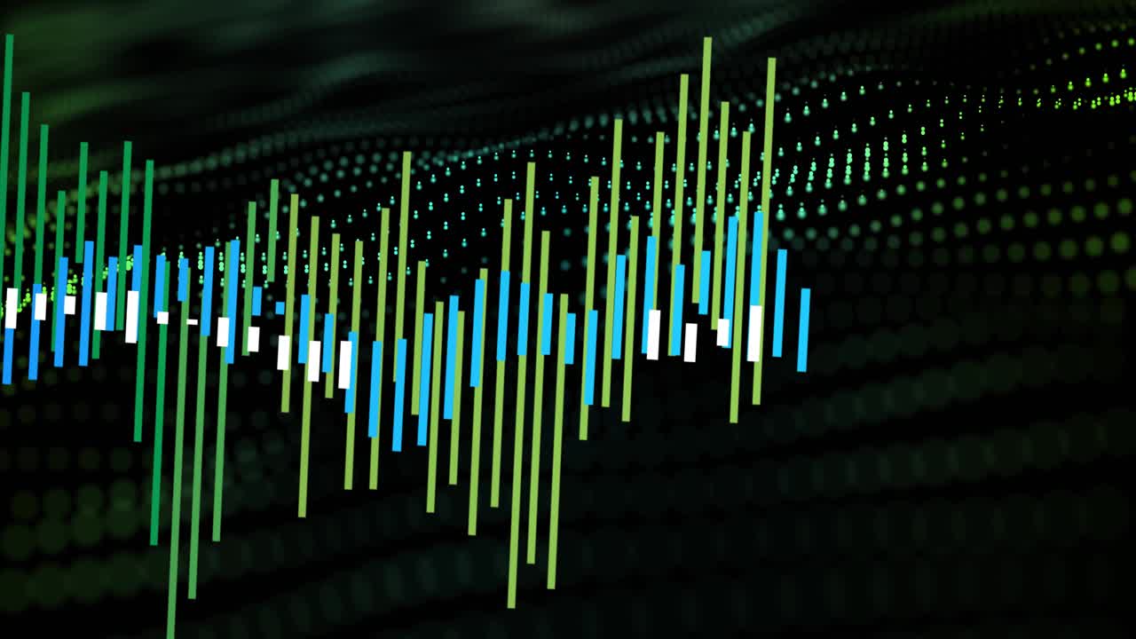 Incoming audio driving bars expanding and shifting right, visualizing sound energy on dotted field