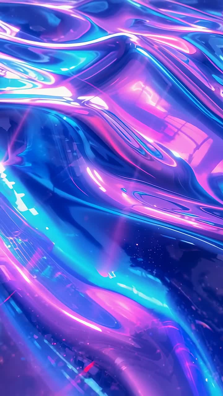 Vertical video: Looping metallic fluid surface rippling with neon purple and blue reflections