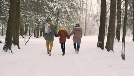 vista trasera de padres e hija vestidos con ropa de invierno caminando y saltando en el bosque nevado 1