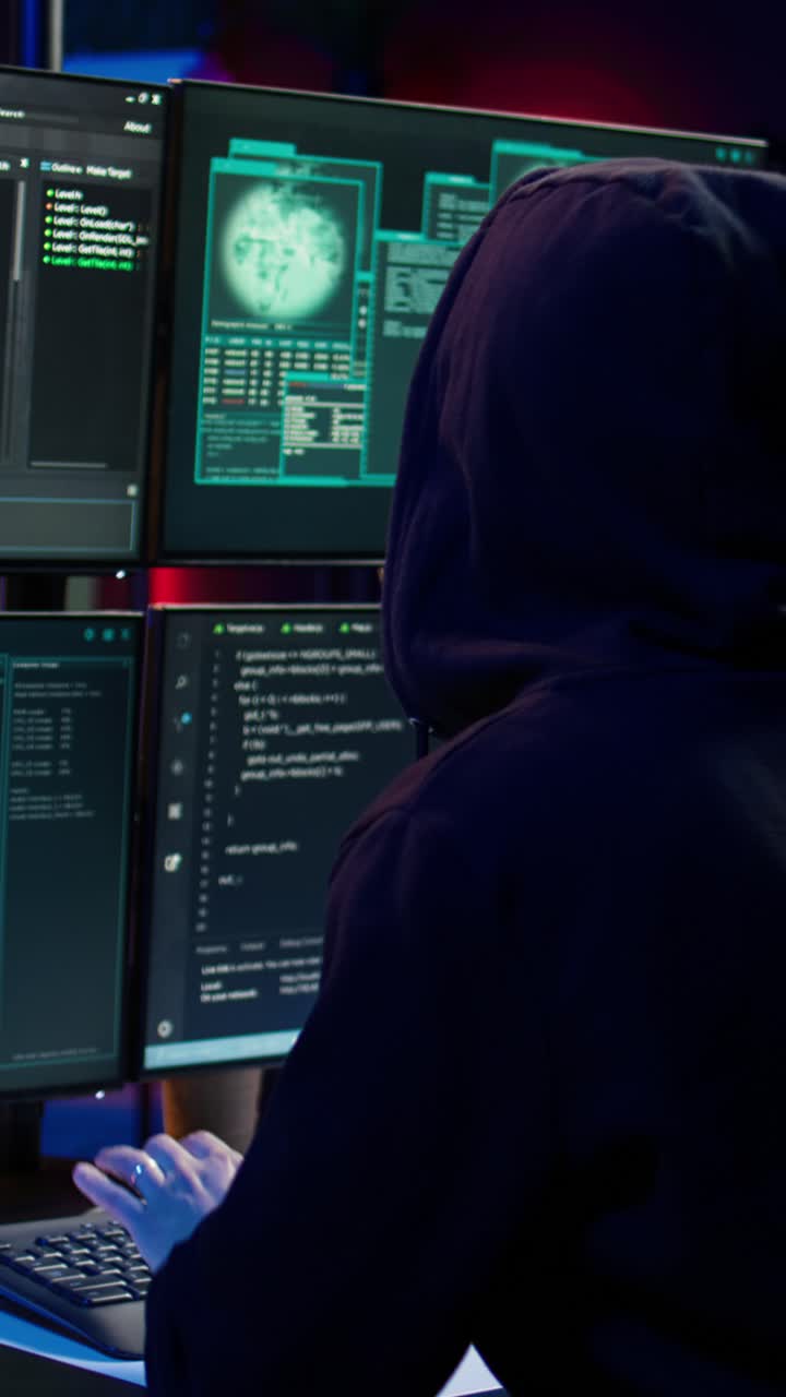 En hacker med en vertikal video ankommer til et underjordisk HQ, klar til at kode malware